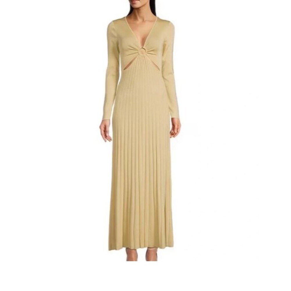 Michael Kors Gold Metallic Ribbed Dress Ring Front Cutout Long Sleeve M